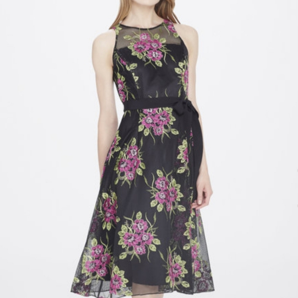 NEW Tahari ASL Embroidered Tea-Length Floral Dress